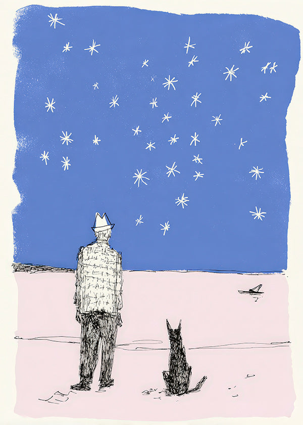 Illustration: mand og hund under stjernerne