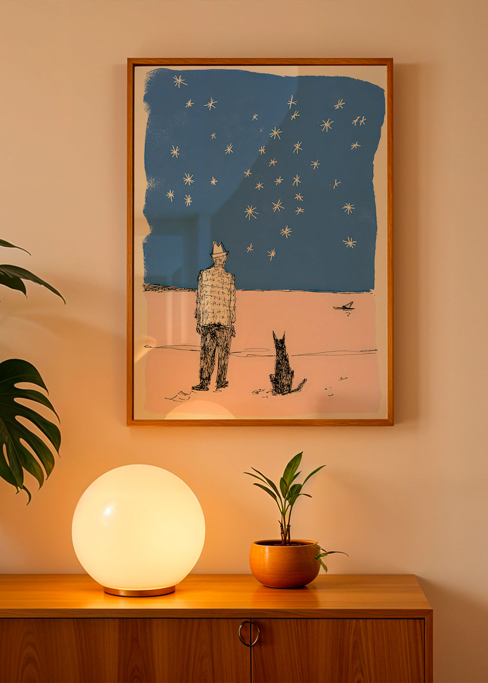 Illustration: mand og hund under stjernerne