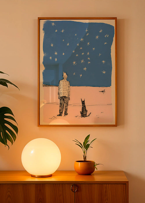 Illustration: mand og hund under stjernerne