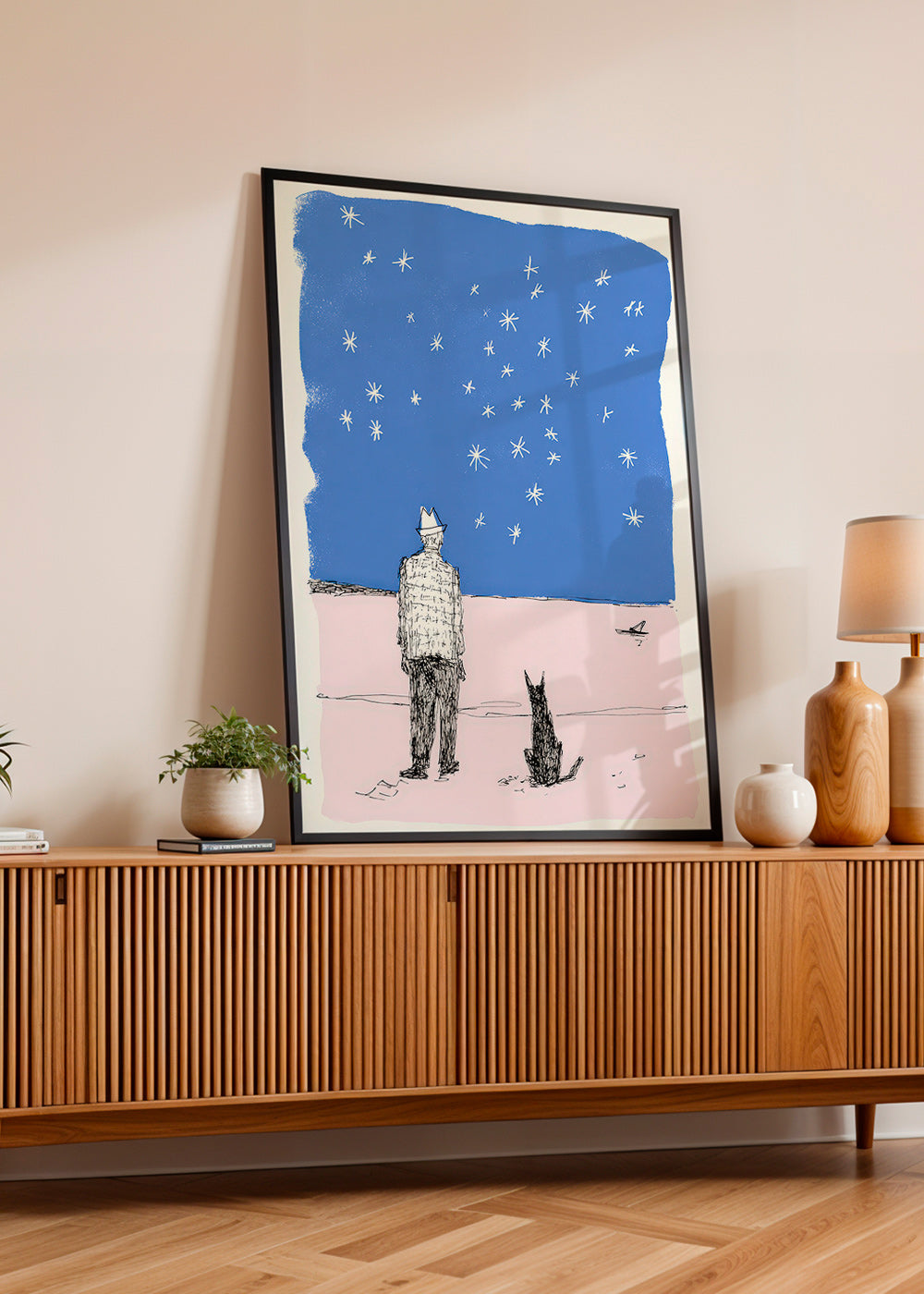 Illustration: mand og hund under stjernerne