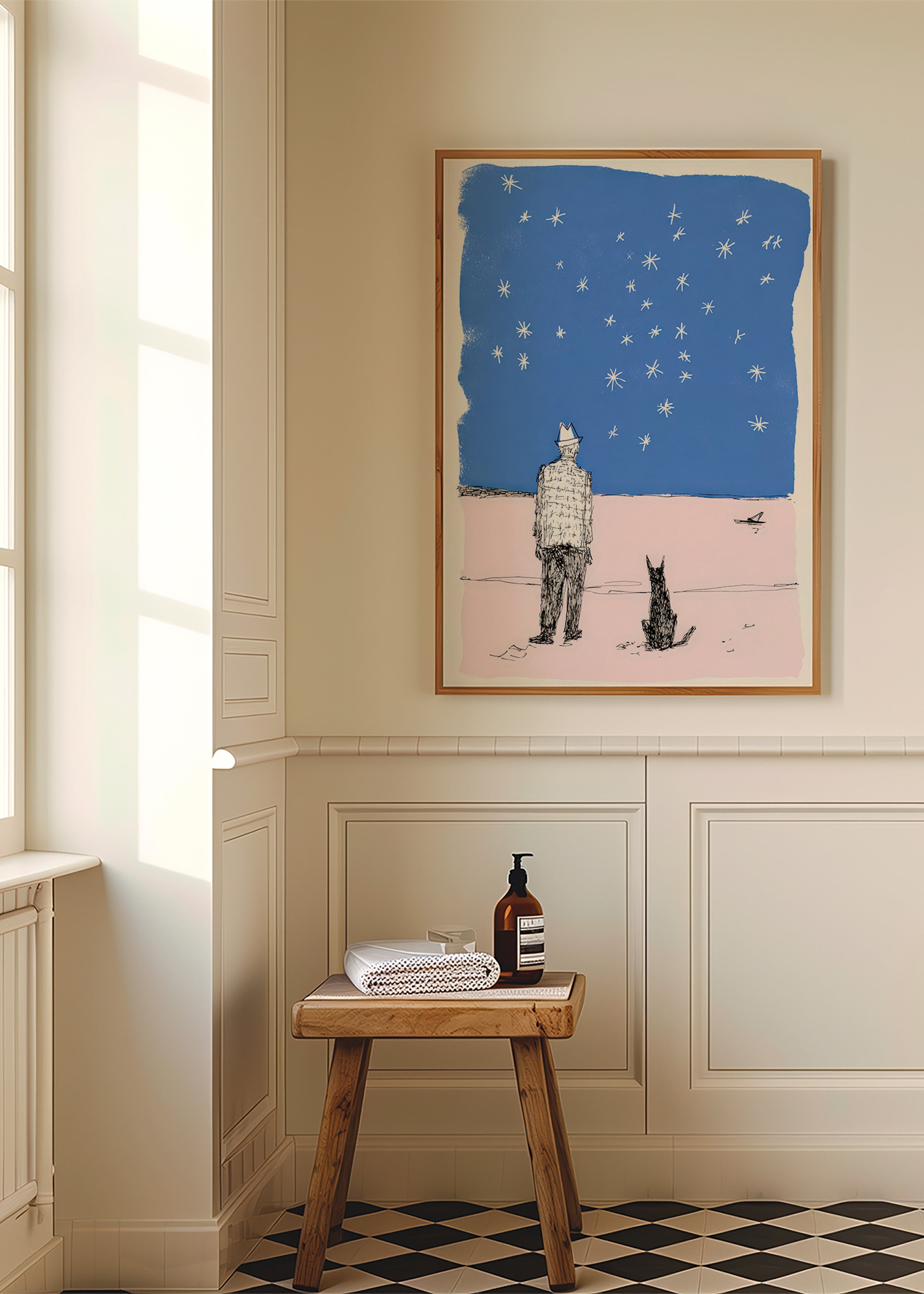 Illustration: mand og hund under stjernerne
