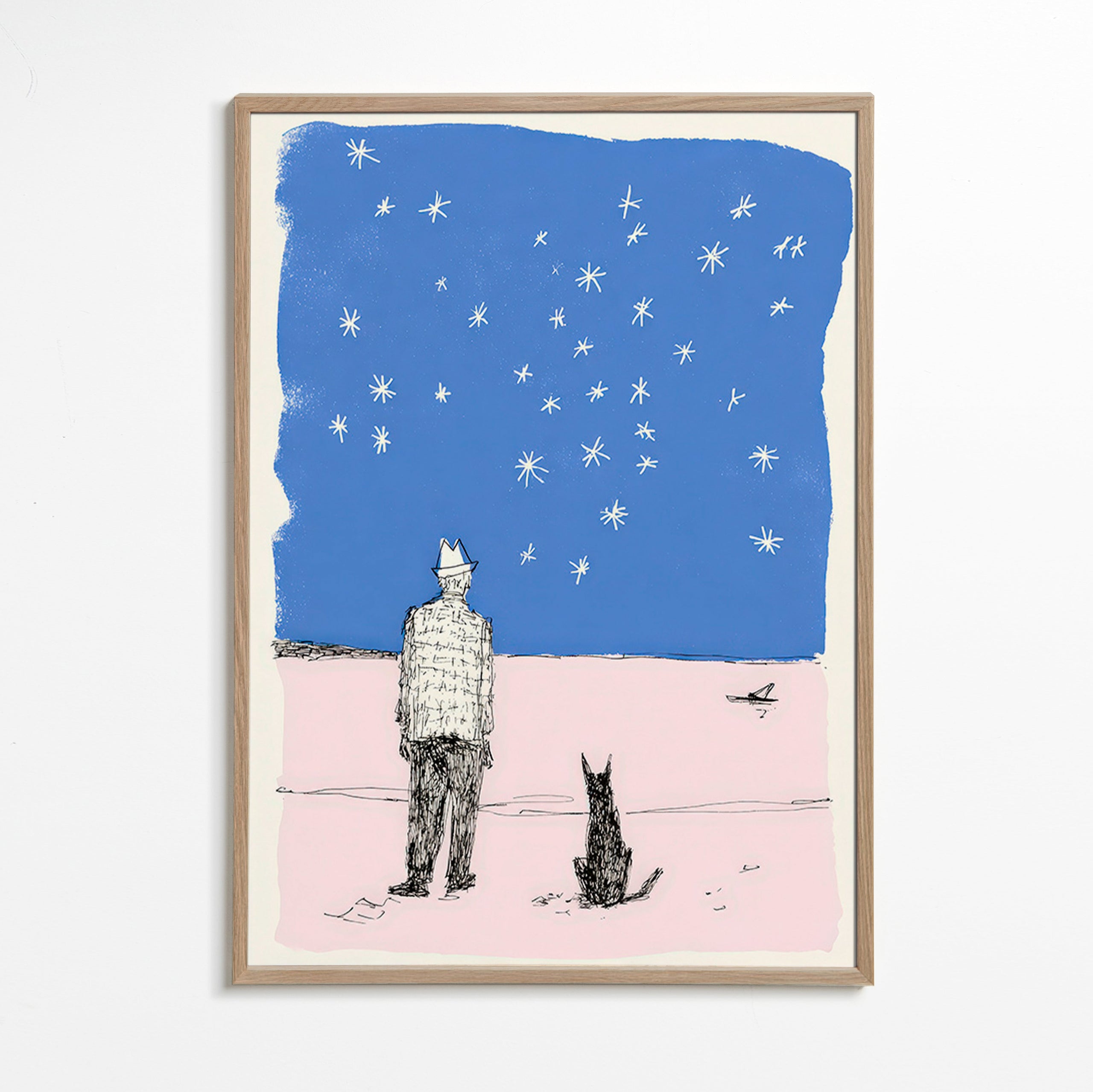 Illustration: mand og hund under stjernerne