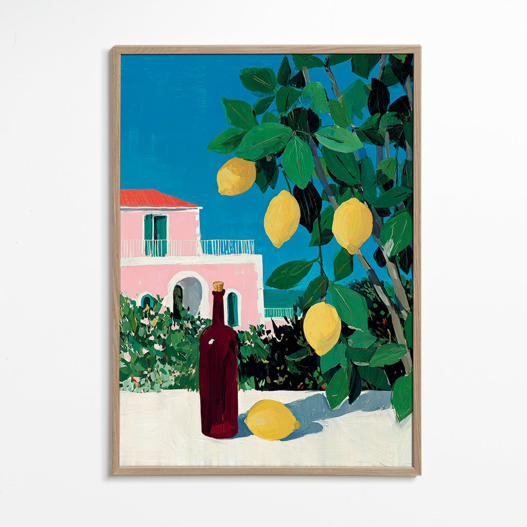 Køkkenkunst med citroner og flaske