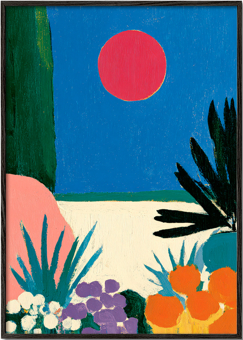 Botanisk plakat med rød måne og stiliseret have