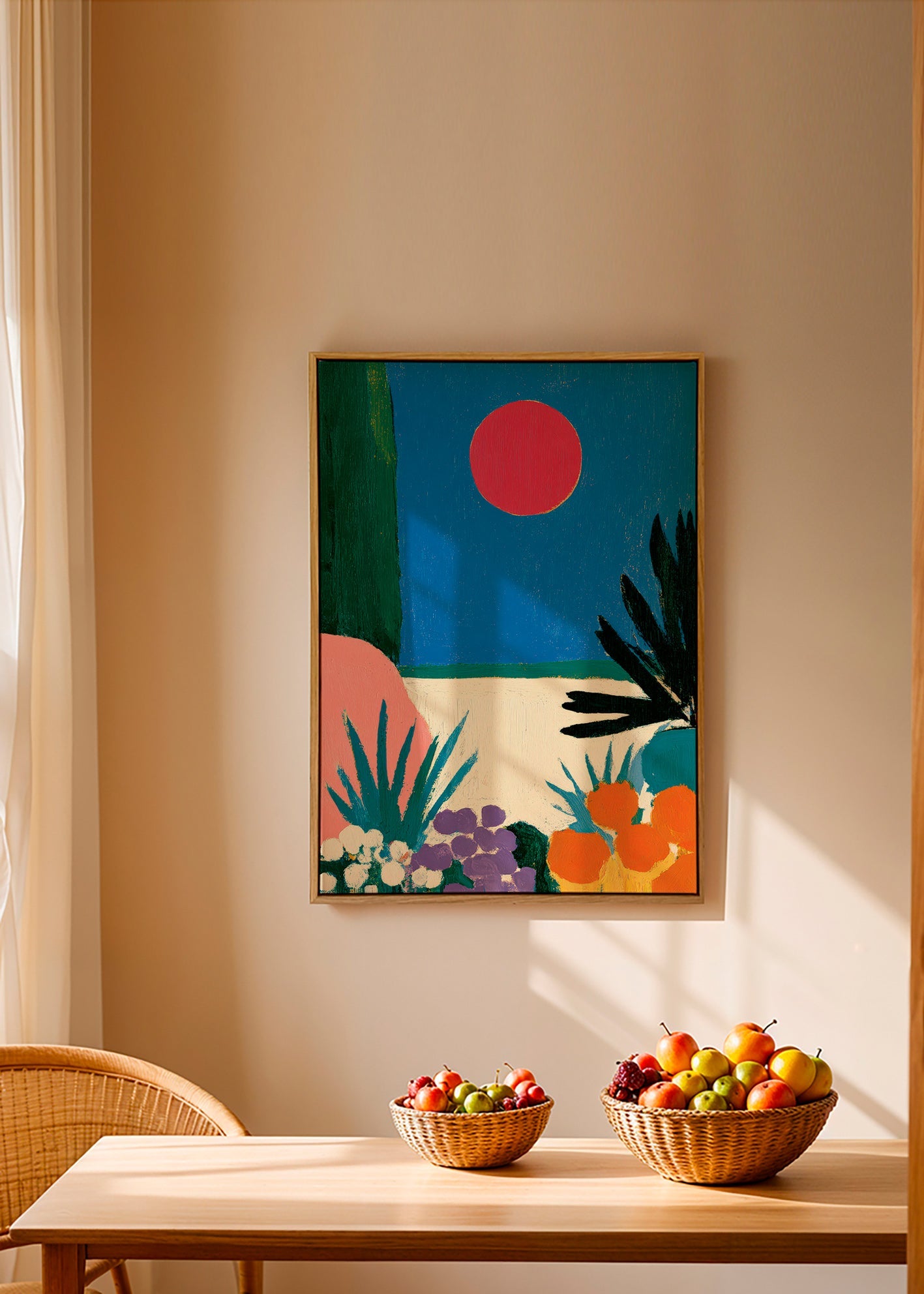 Botanisk plakat med rød måne og stiliseret have