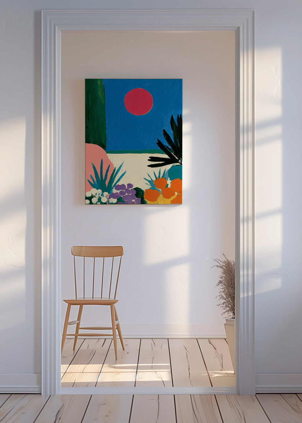 Botanisk plakat med rød måne og stiliseret have