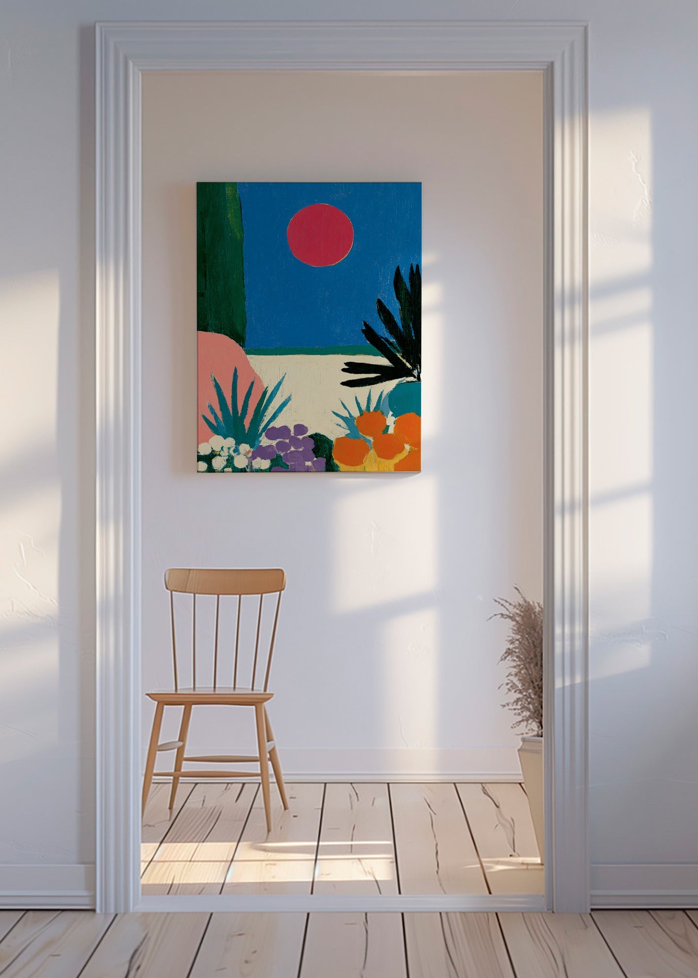 Botanisk plakat med rød måne og stiliseret have