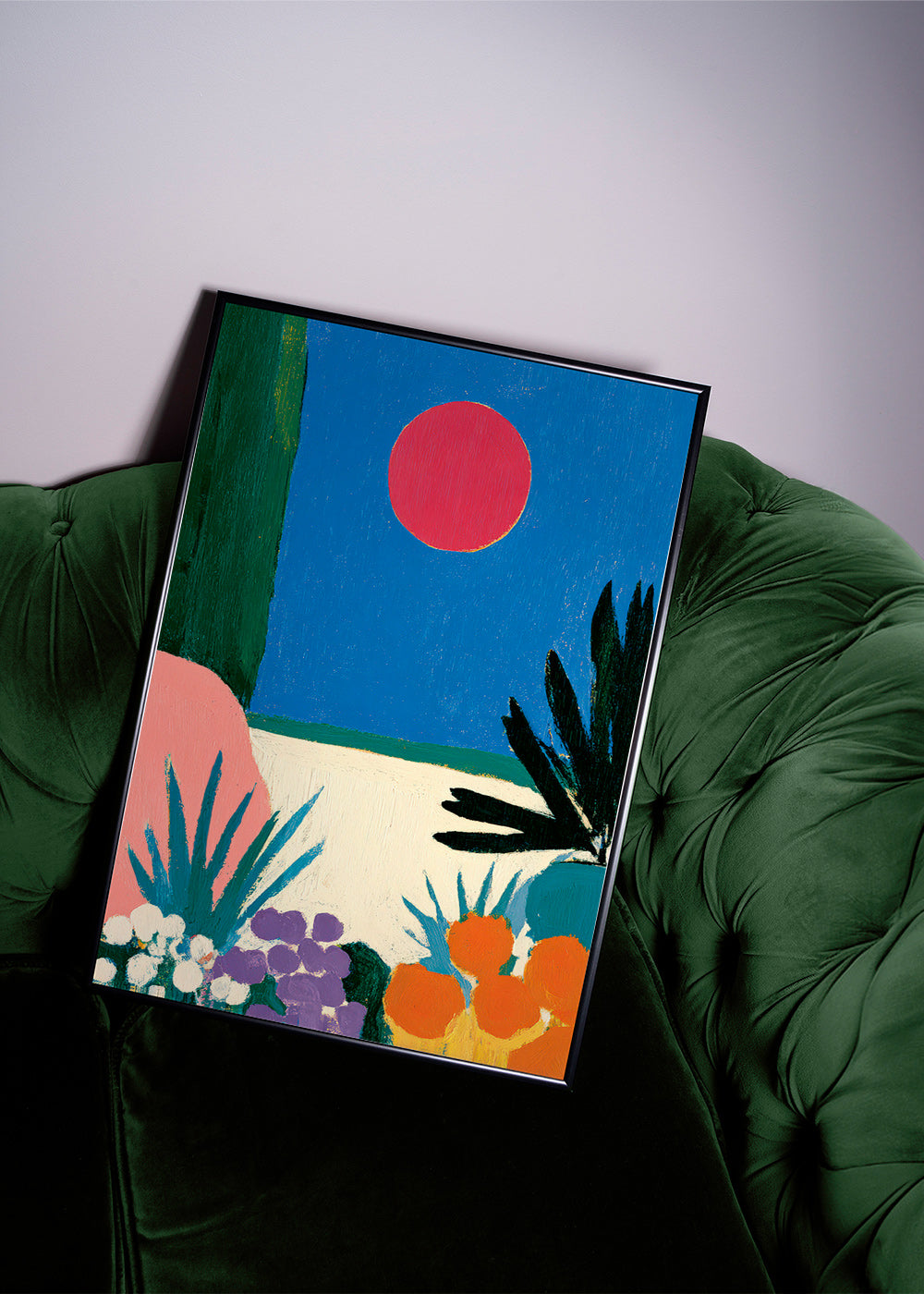 Botanisk plakat med rød måne og stiliseret have