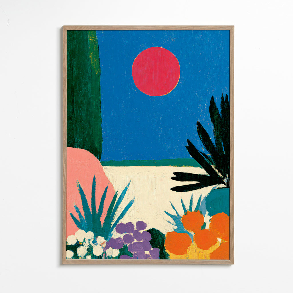 Botanisk plakat med rød måne og stiliseret have