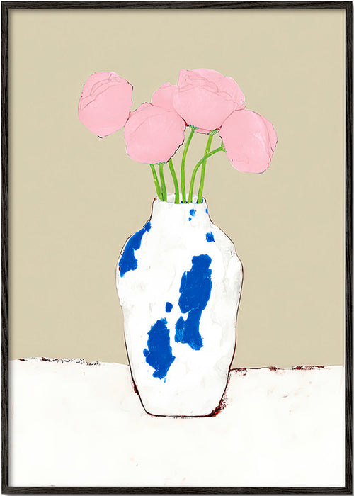 Botanisk plakat med pæoner i blå vase