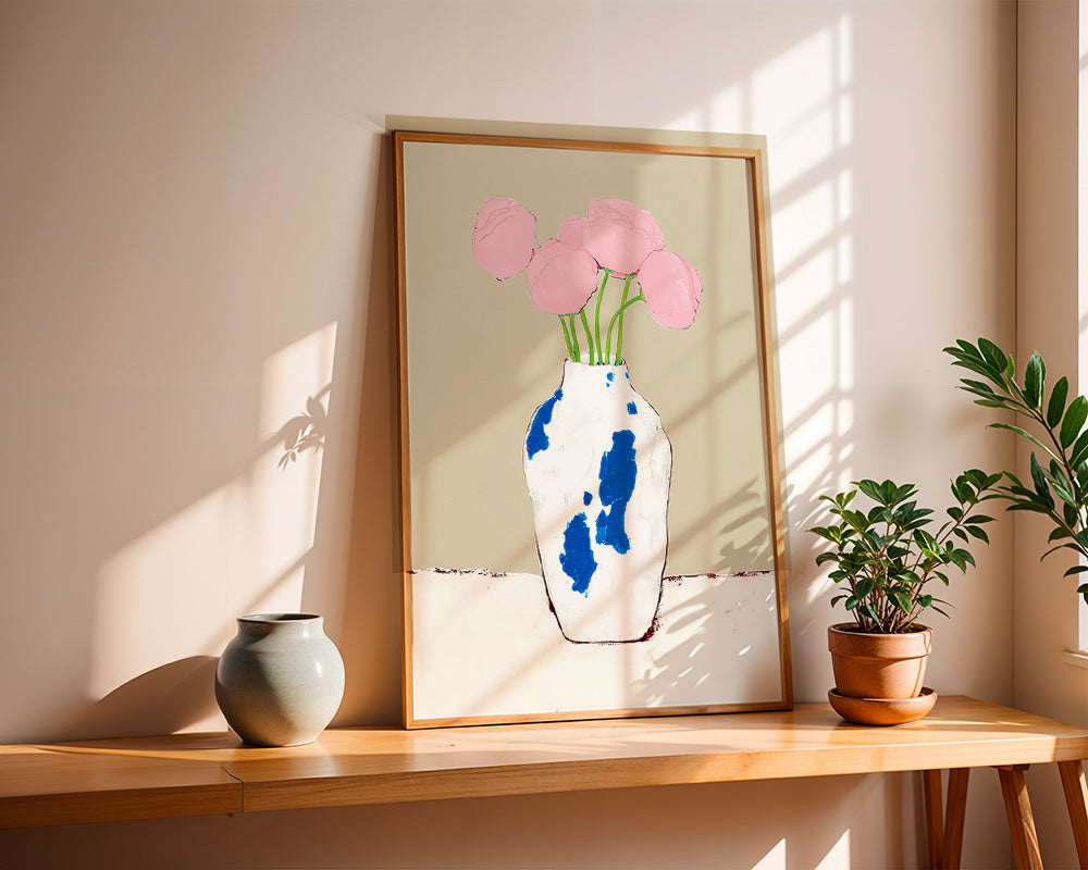 Botanisk plakat med pæoner i blå vase