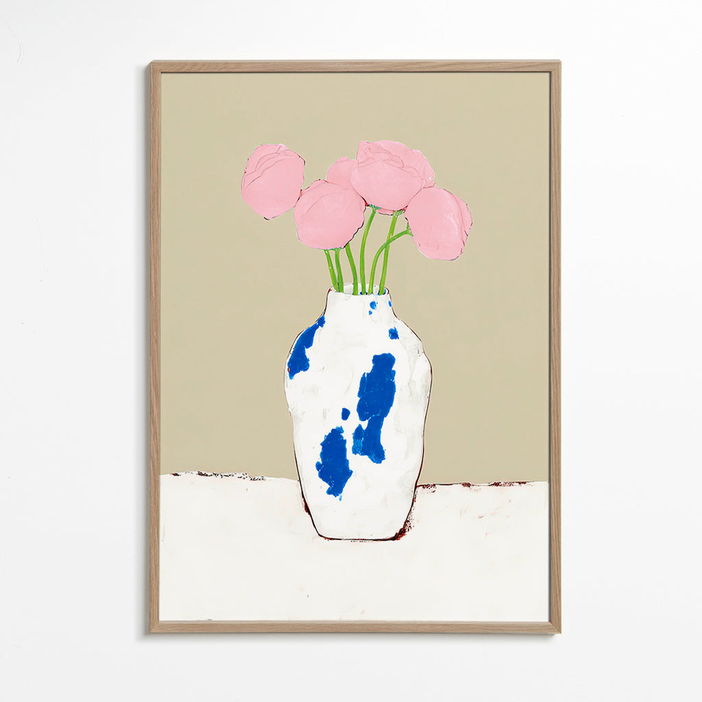 Botanisk plakat med pæoner i blå vase