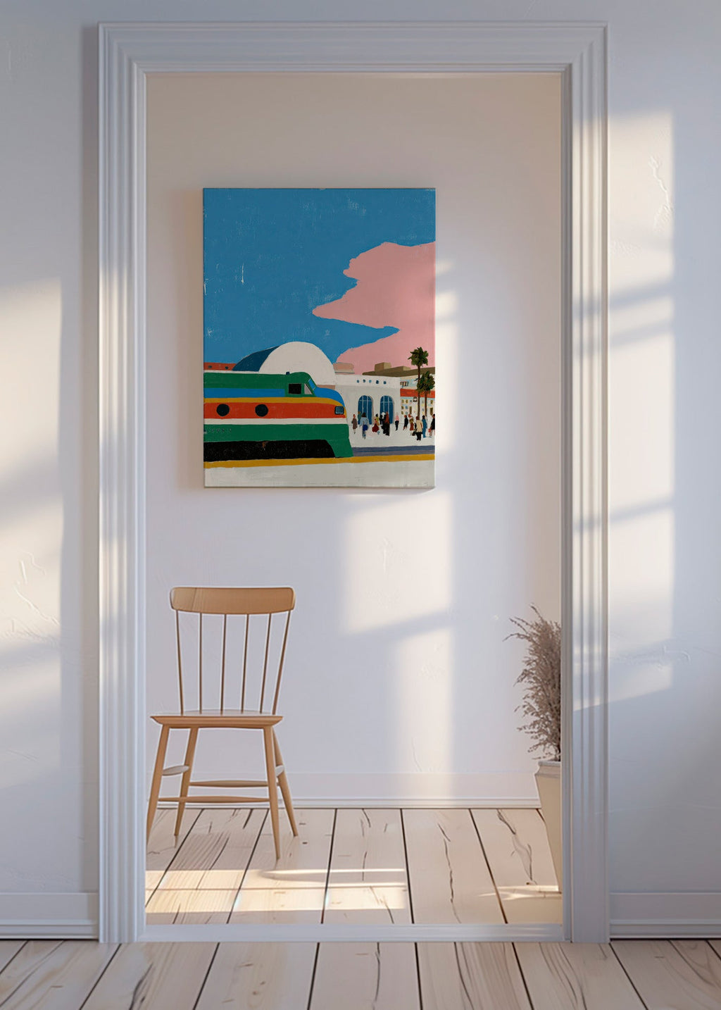 Togstation motiv med farverig vogn