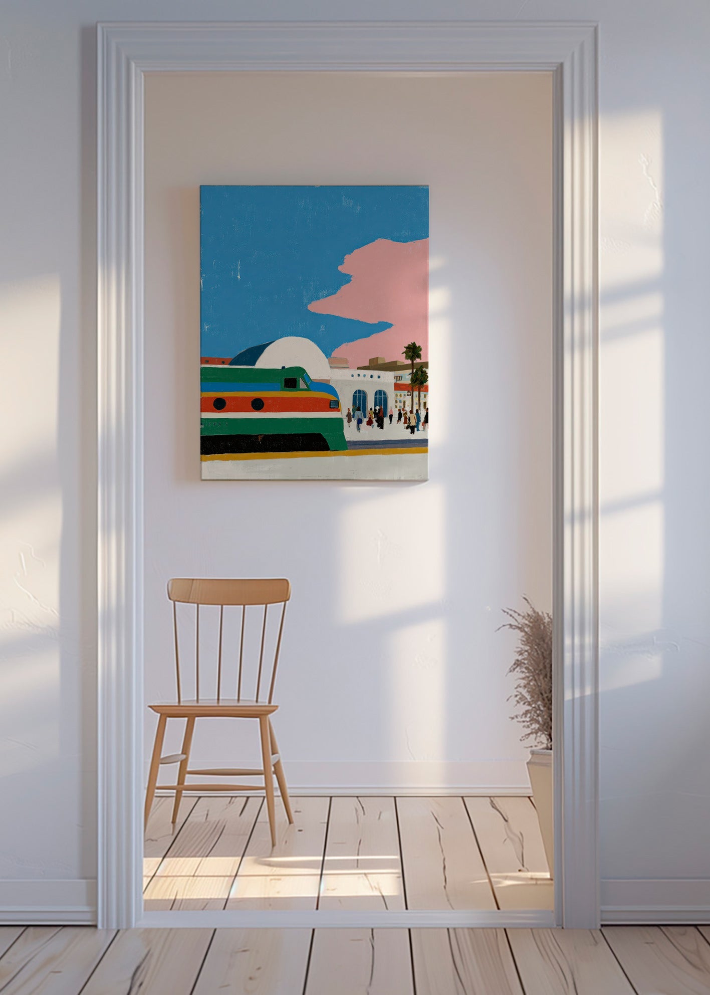 Togstation motiv med farverig vogn