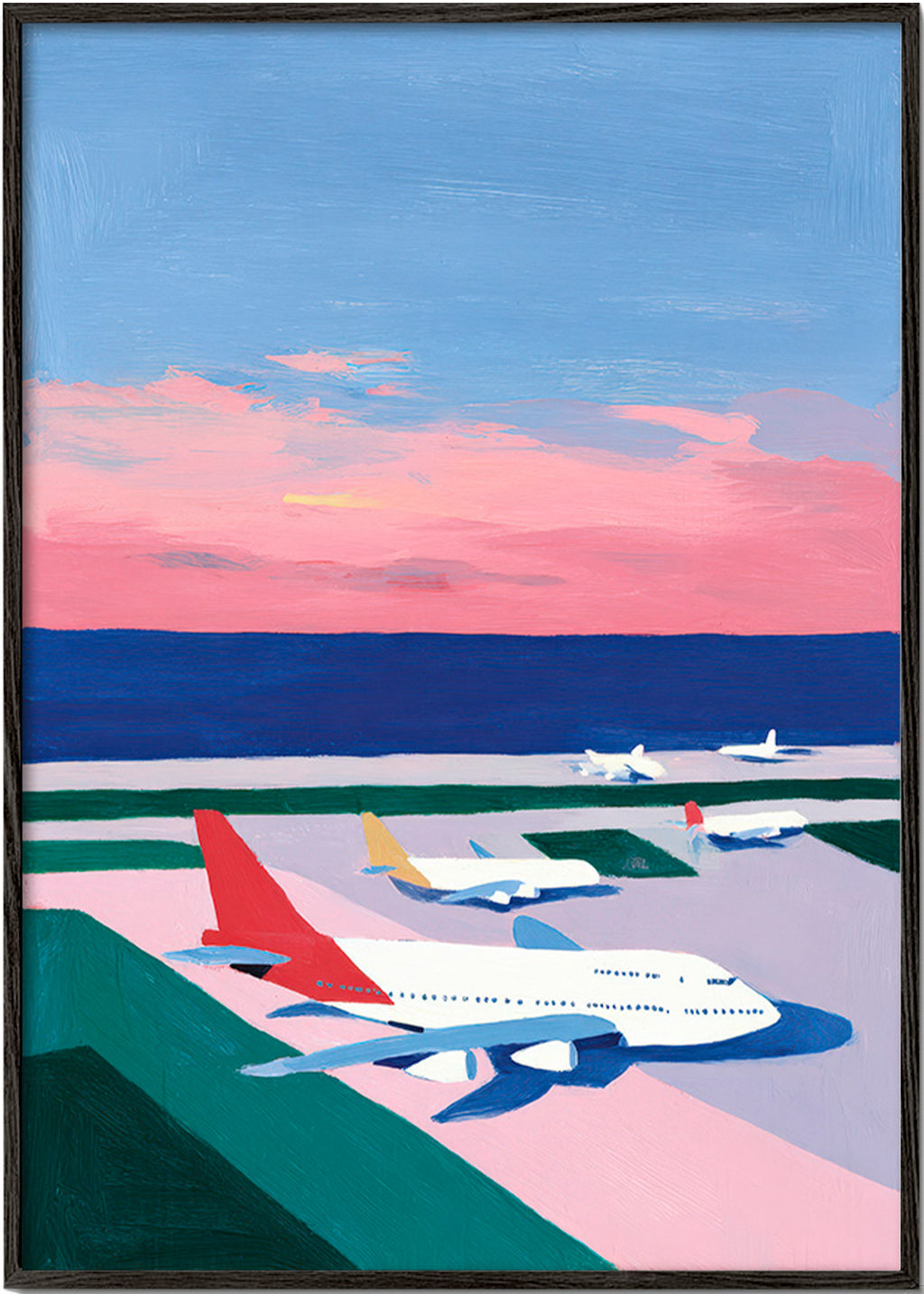 Plakat: landingsbane ved solnedgang