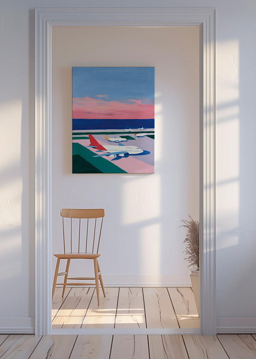 Plakat: landingsbane ved solnedgang