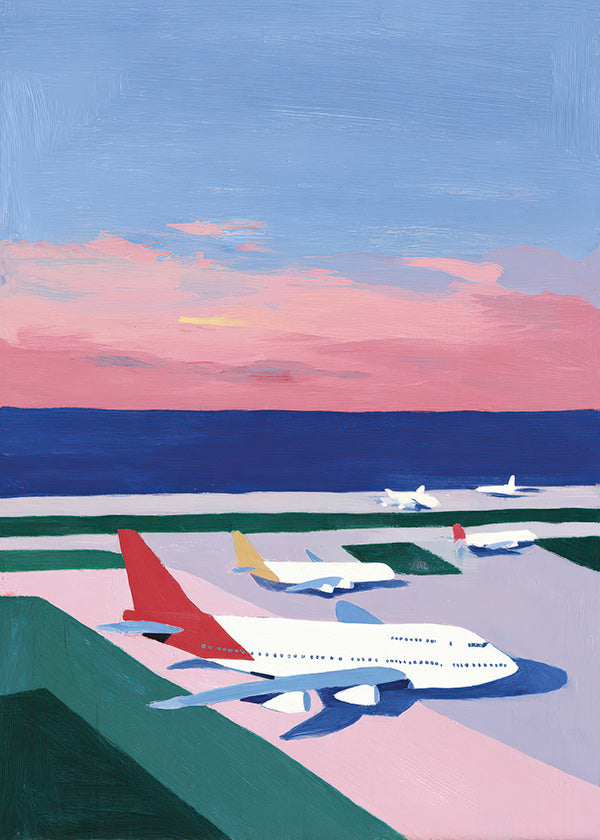 Plakat: landingsbane ved solnedgang