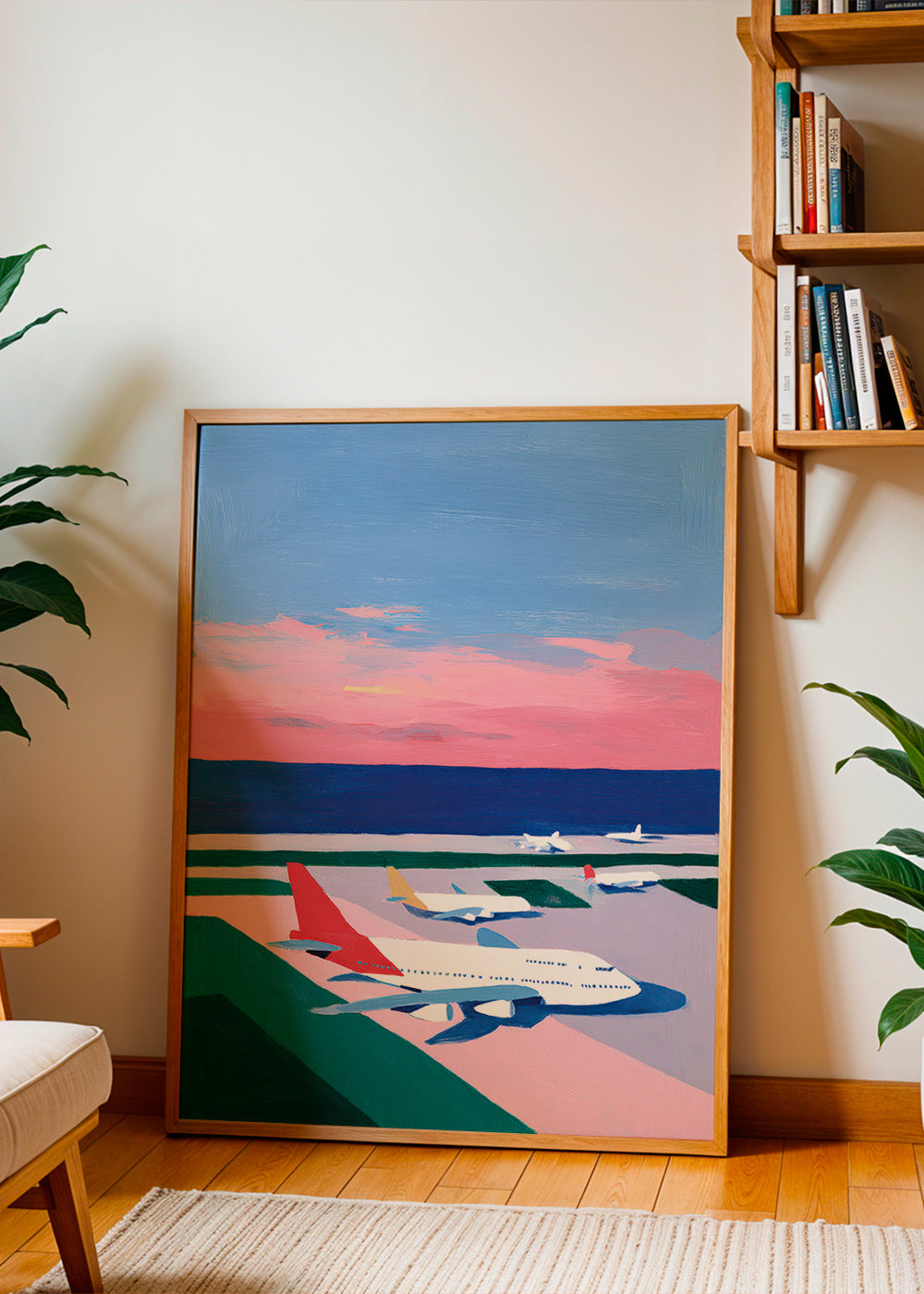 Plakat: landingsbane ved solnedgang