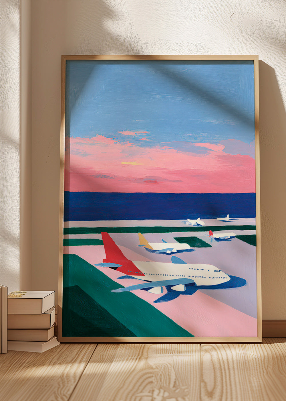Plakat: landingsbane ved solnedgang