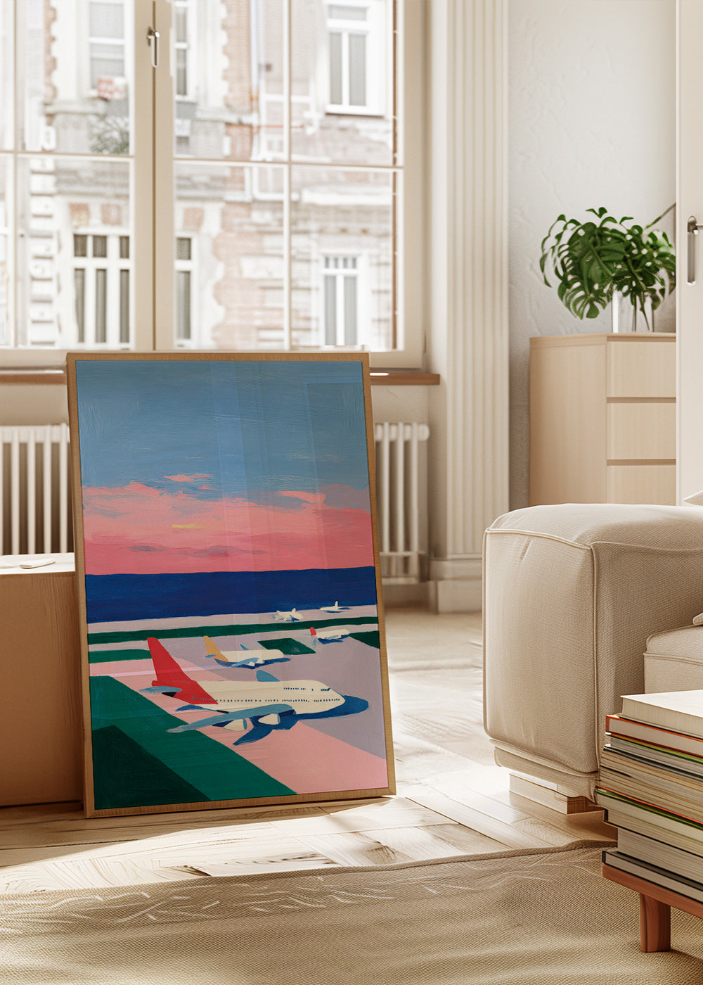 Plakat: landingsbane ved solnedgang