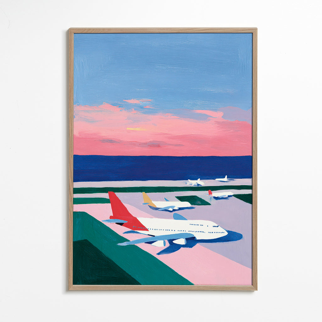 Plakat: landingsbane ved solnedgang