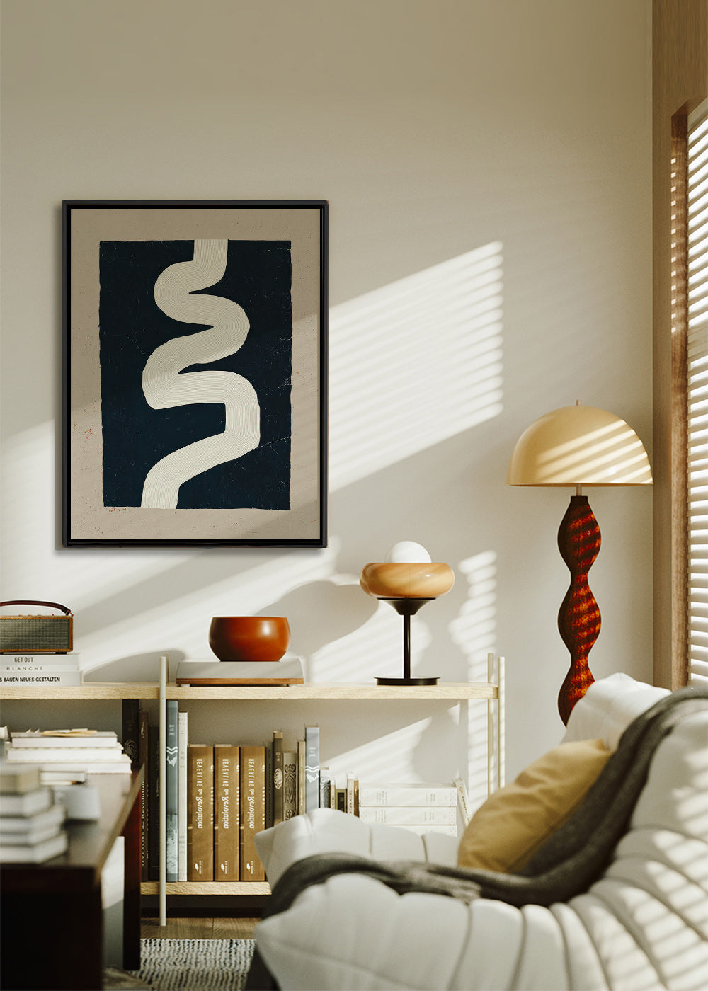 Minimalistisk print hvid kurve på mørk flade