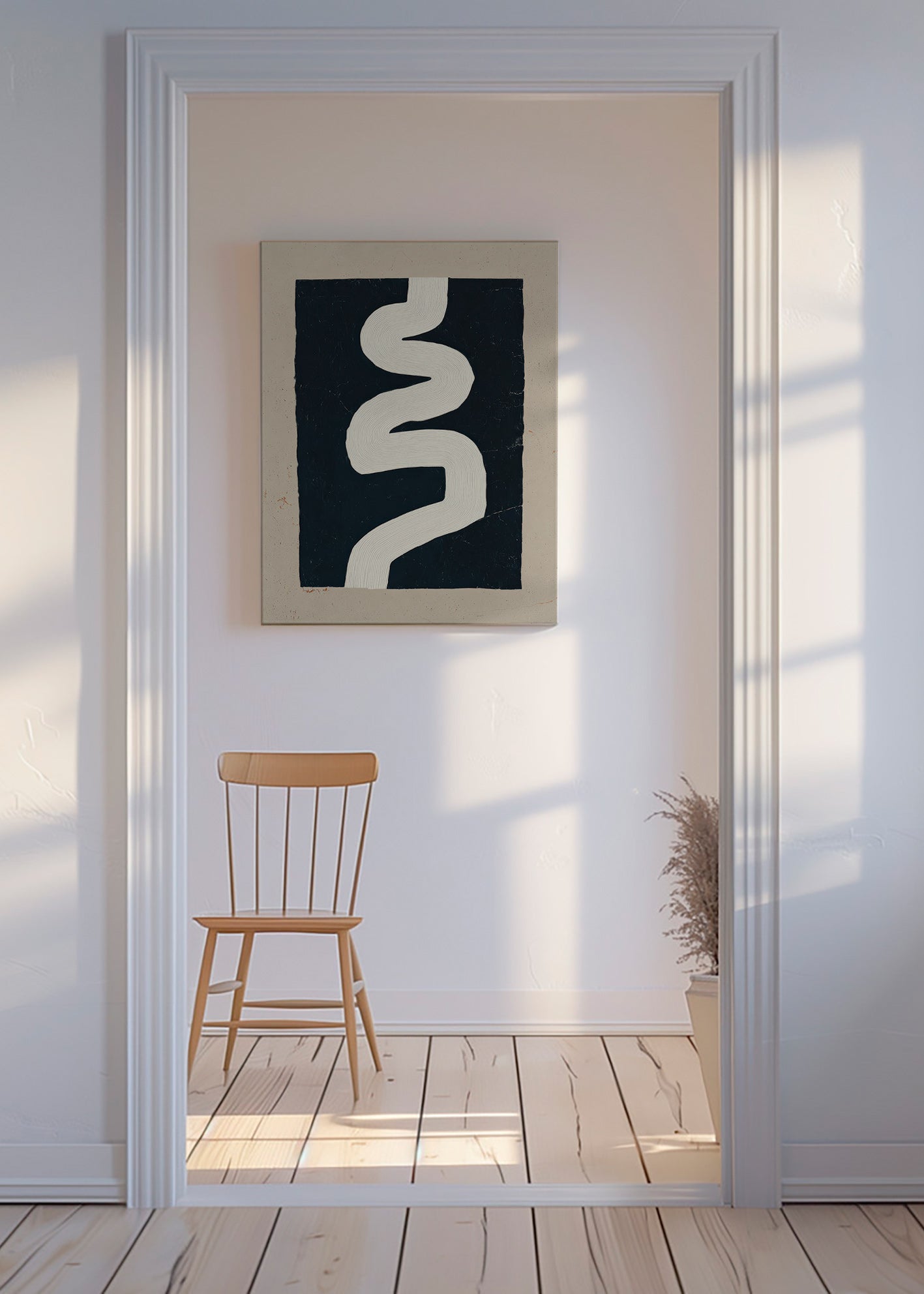 Minimalistisk print hvid kurve på mørk flade