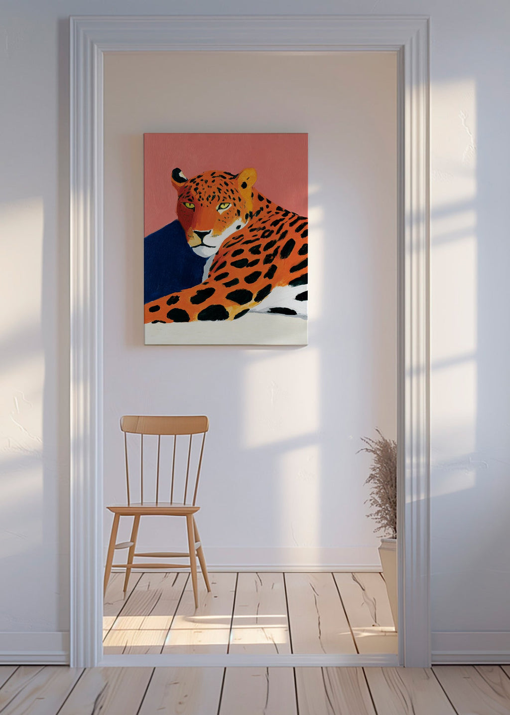 Kunstværk: Hvilede leopard på lyserød baggrund