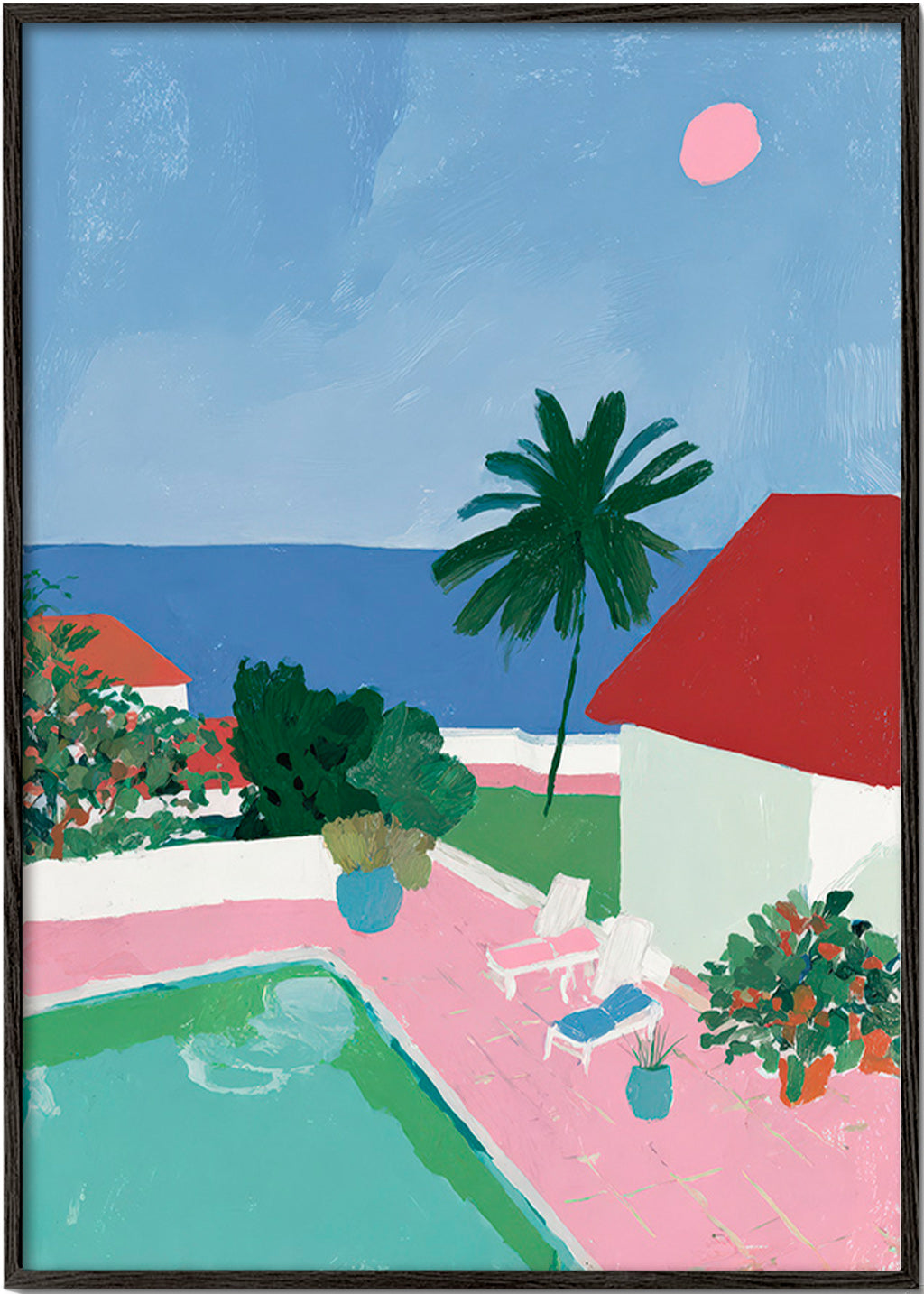 Landskabskunst med pool, palme og rødt tag