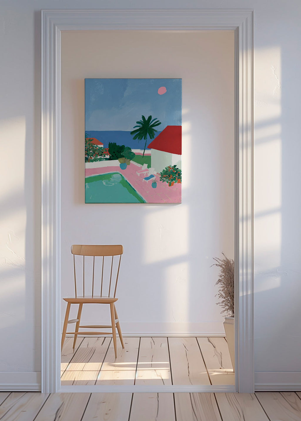 Landskabskunst med pool, palme og rødt tag