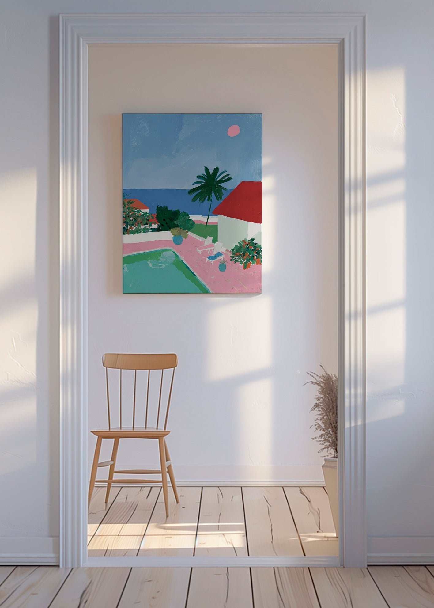Landskabskunst med pool, palme og rødt tag