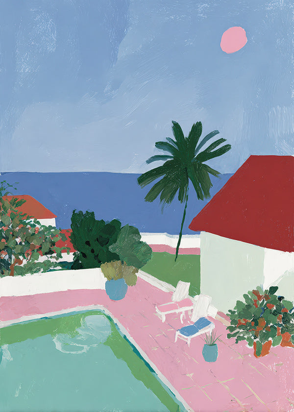 Landskabskunst med pool, palme og rødt tag