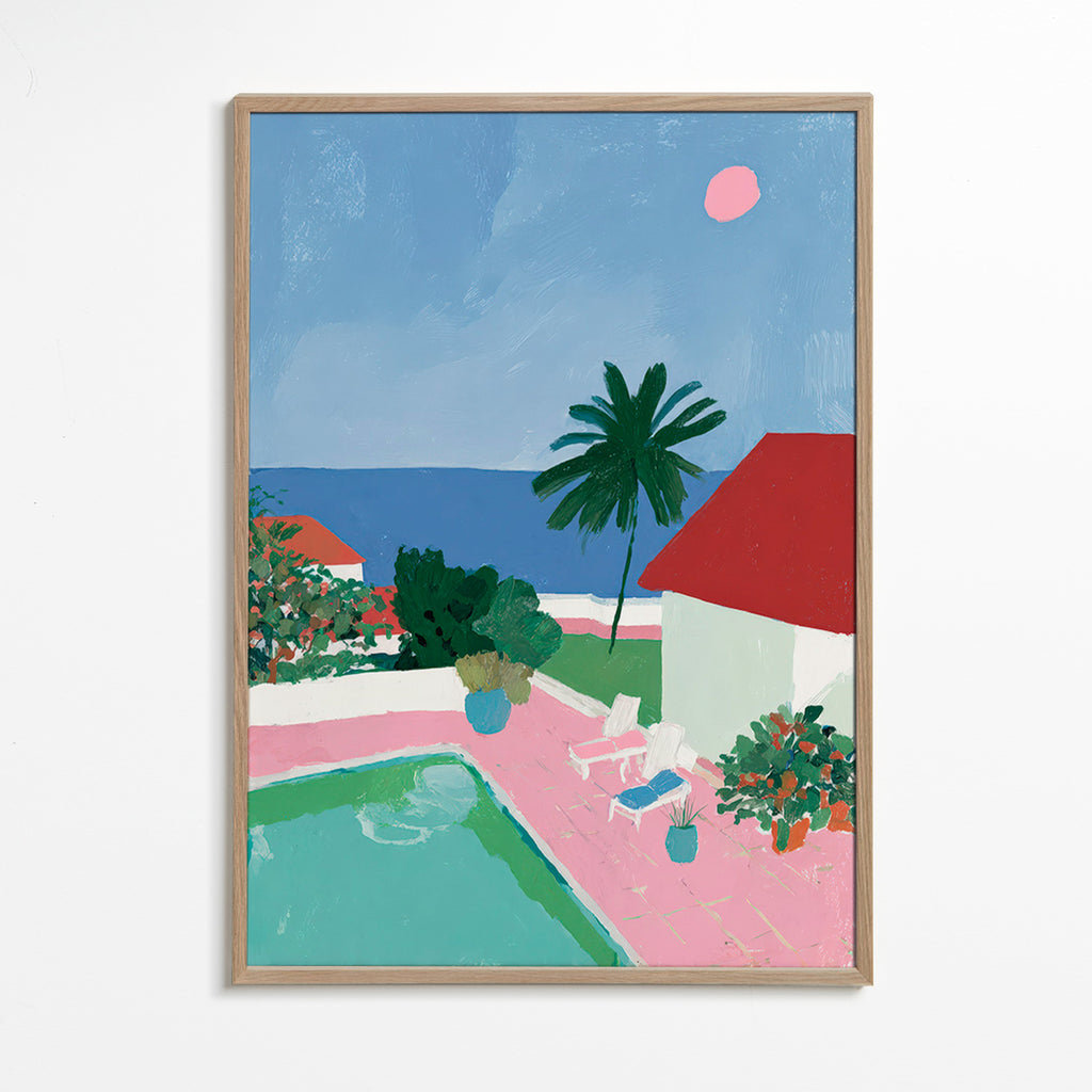 Landskabskunst med pool, palme og rødt tag