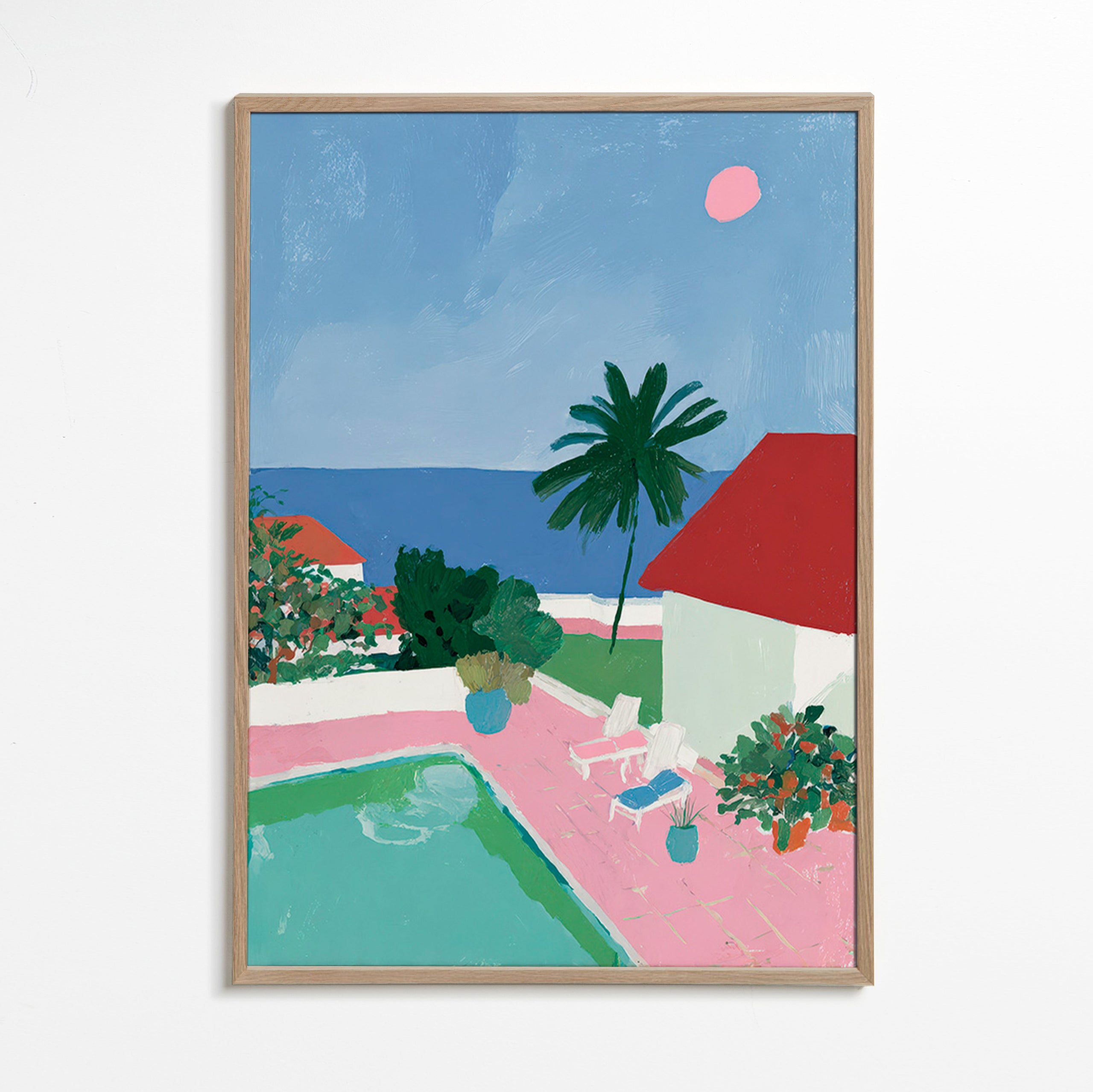 Landskabskunst med pool, palme og rødt tag
