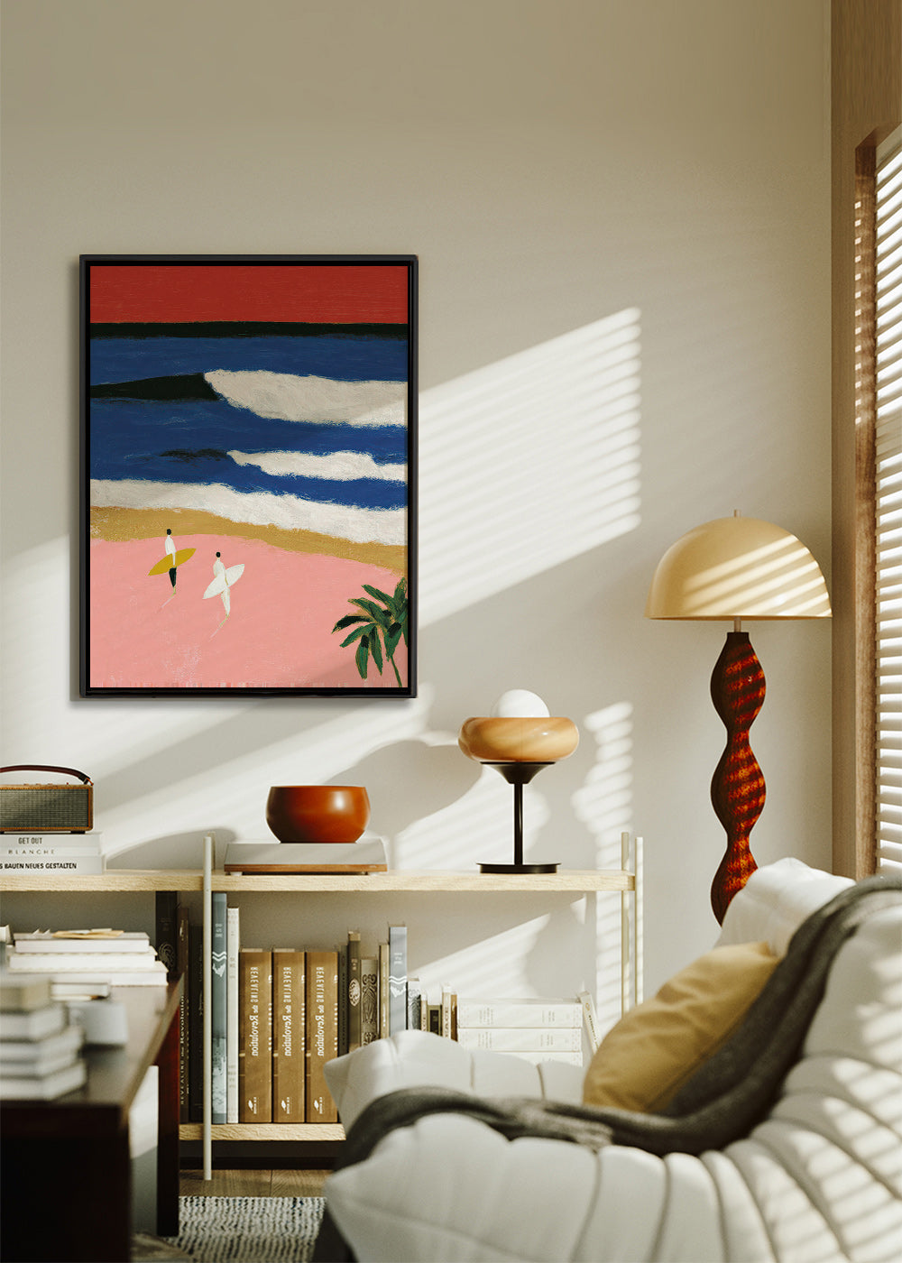Landskabsmaleri med surfere og rosa sand