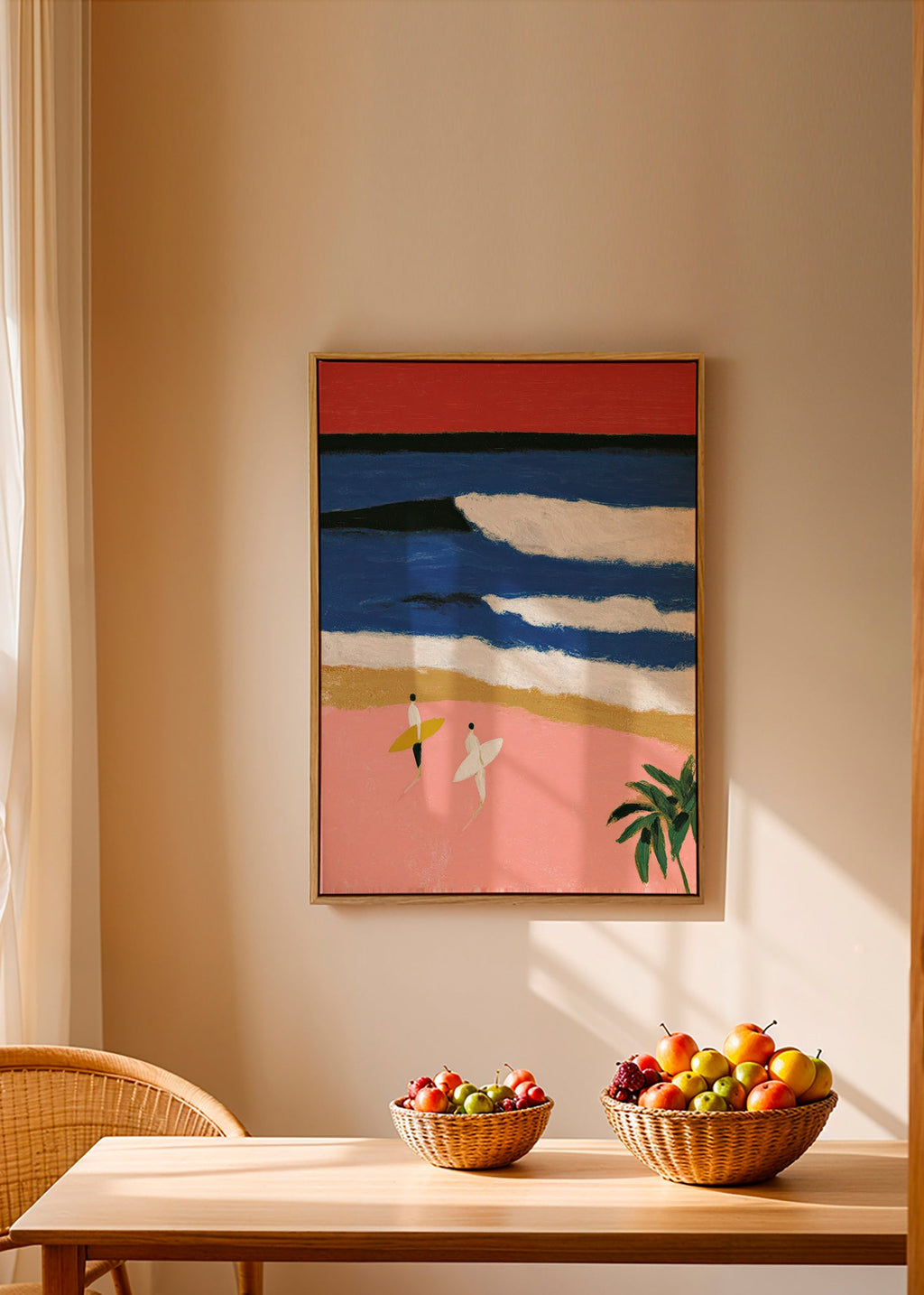Landskabsmaleri med surfere og rosa sand