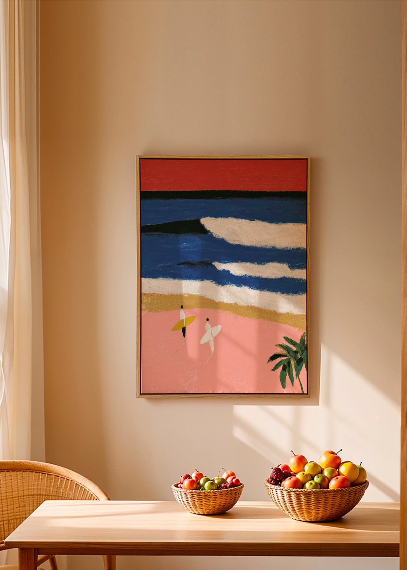 Landskabsmaleri med surfere og rosa sand