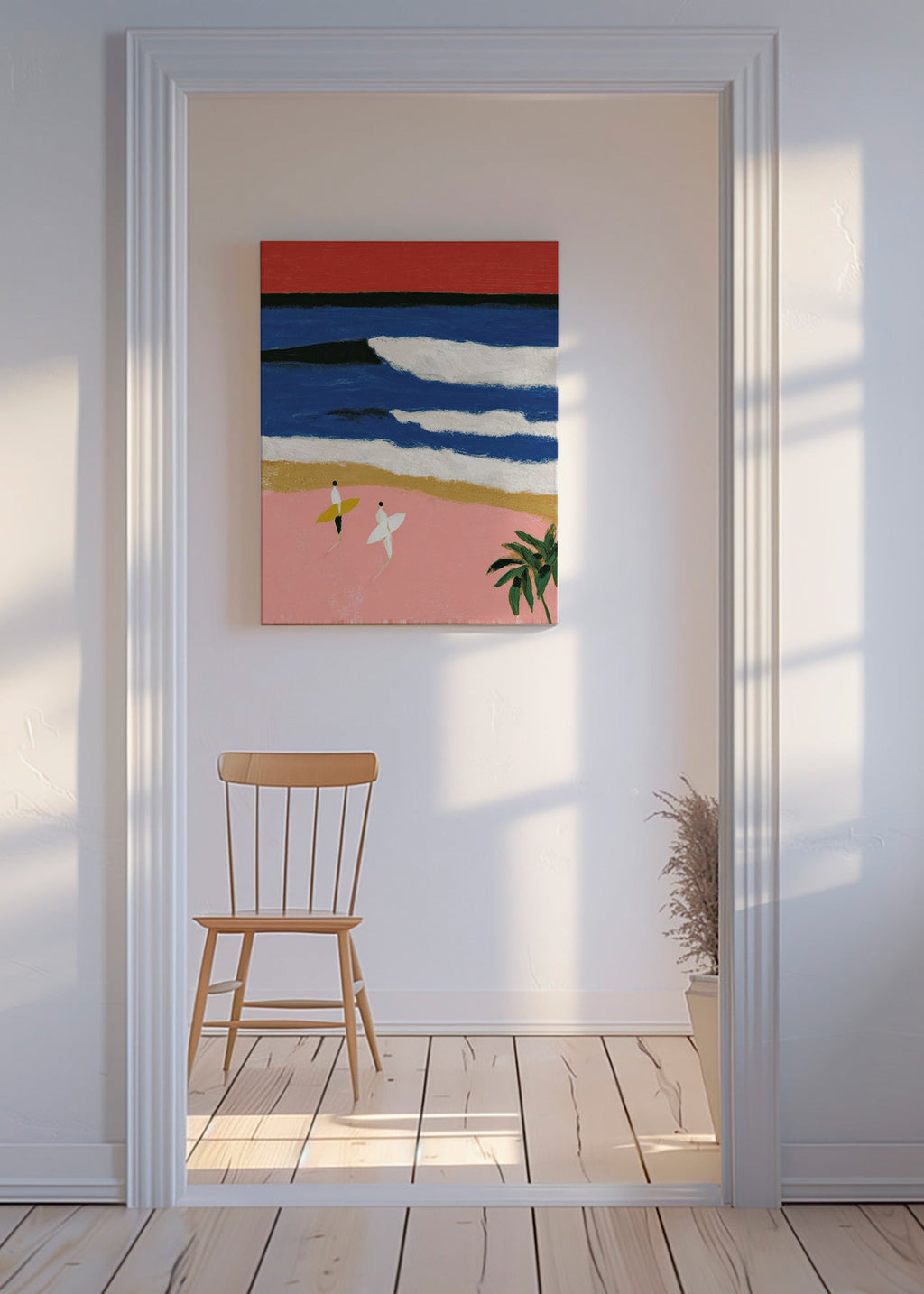 Landskabsmaleri med surfere og rosa sand