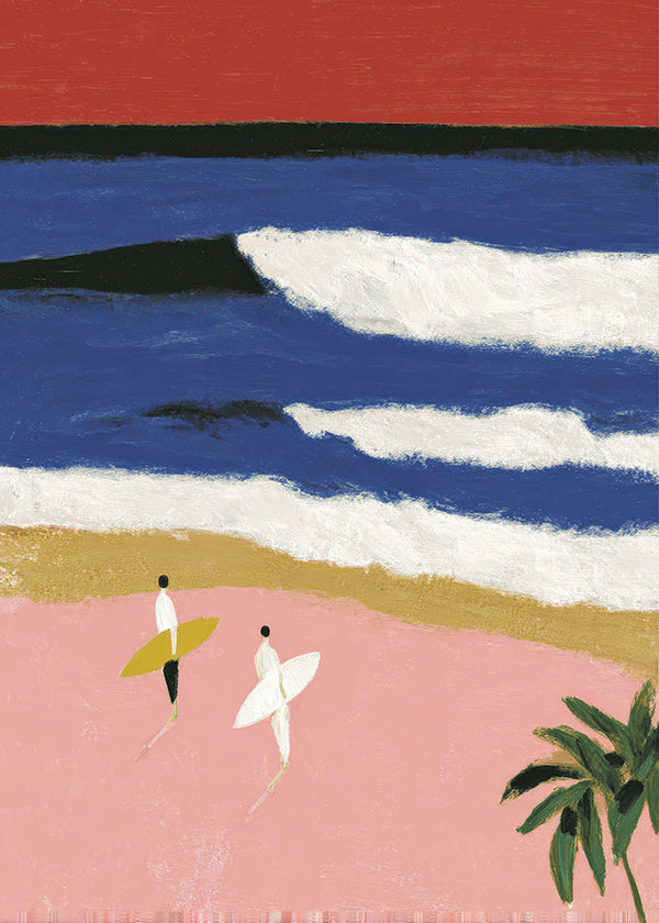 Landskabsmaleri med surfere og rosa sand