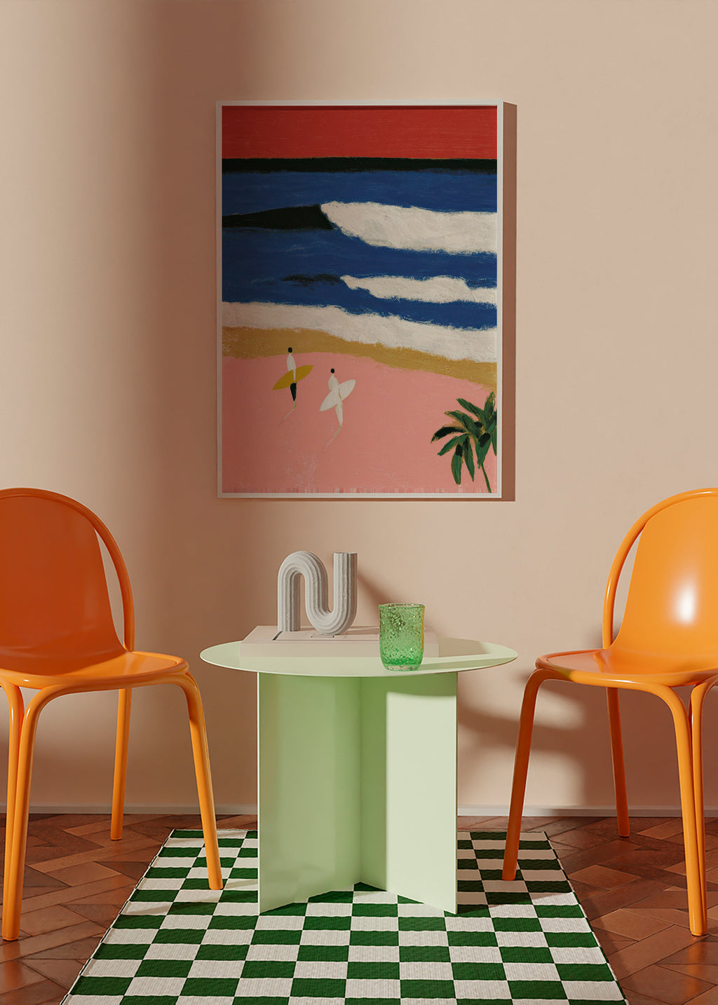 Landskabsmaleri med surfere og rosa sand