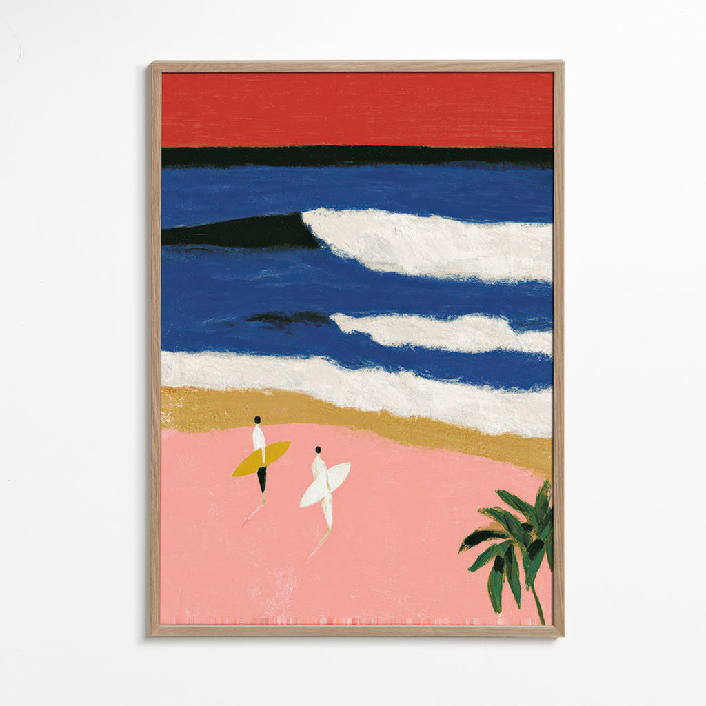 Landskabsmaleri med surfere og rosa sand
