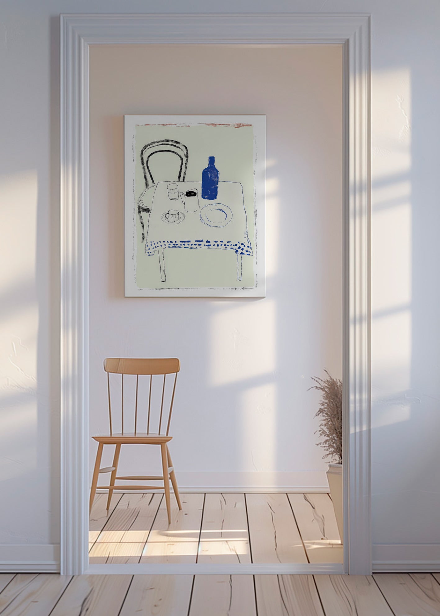 Køkkenkunst med blå flaske og enkelt service