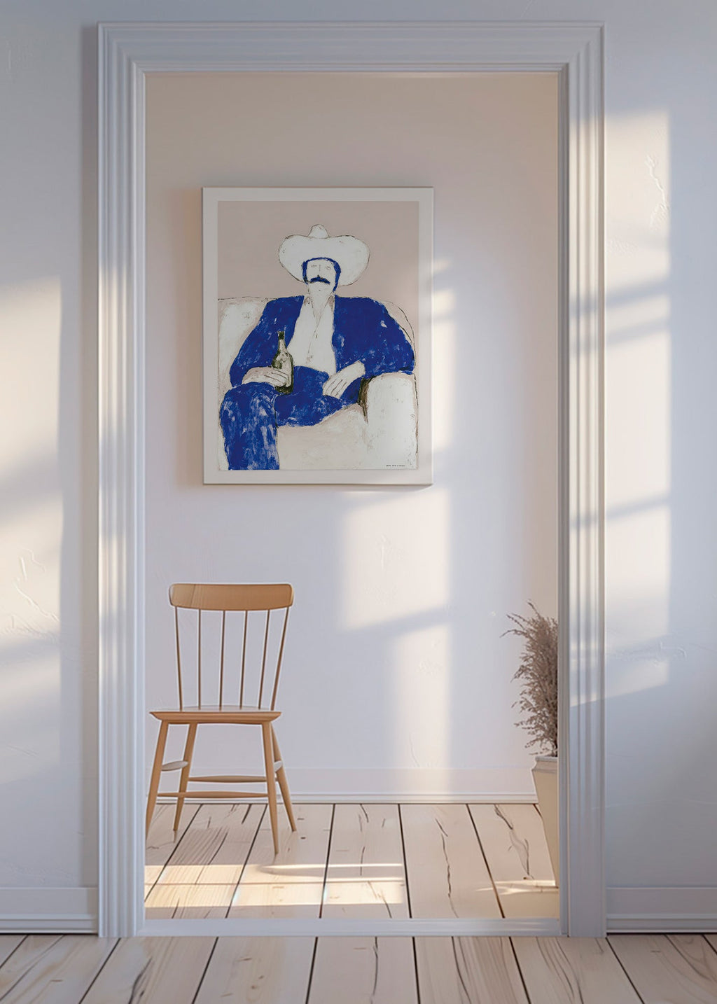 Illustration af siddende blå cowboy