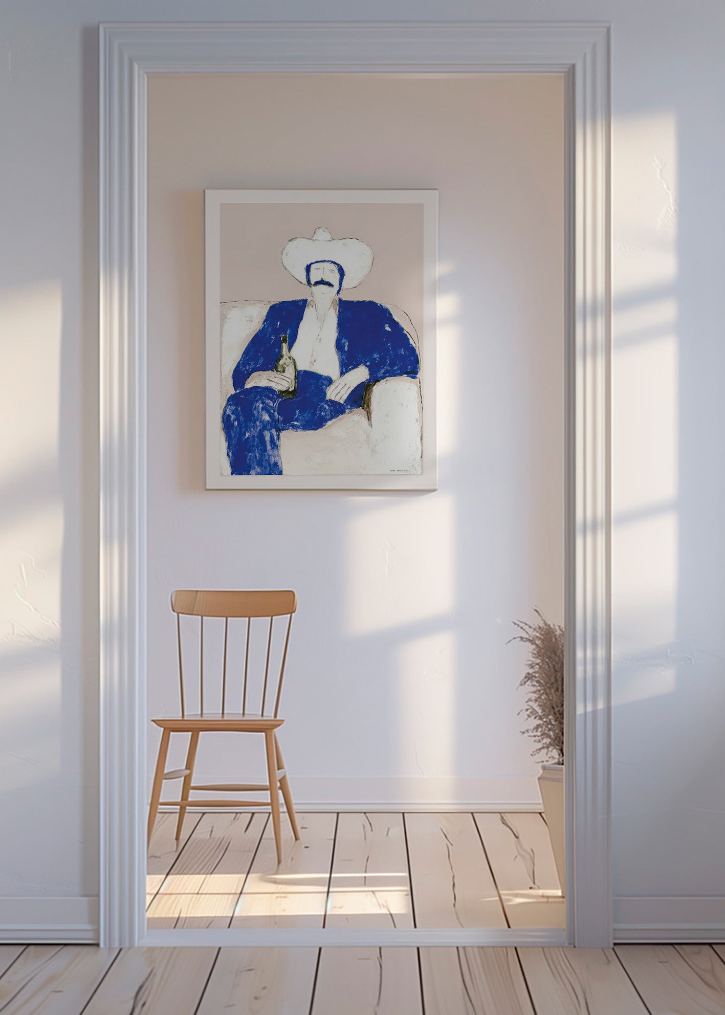 Illustration af siddende blå cowboy
