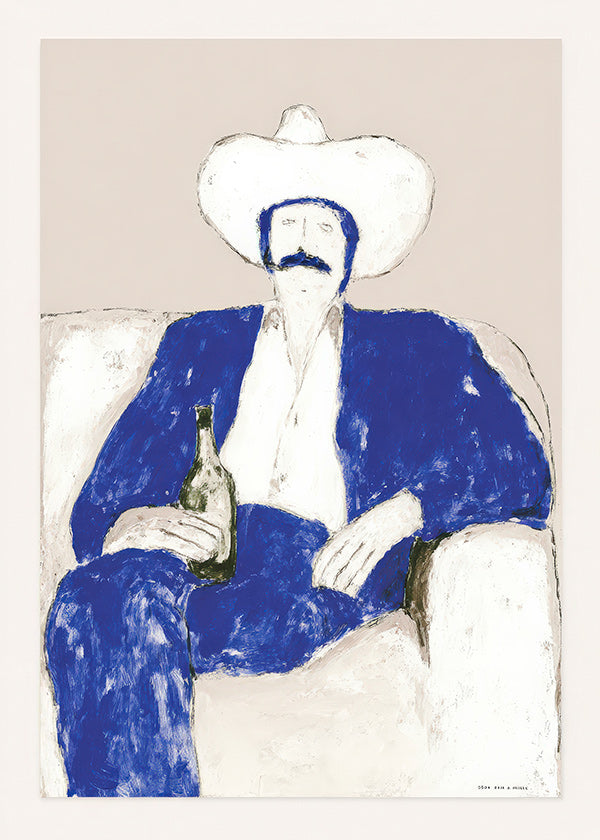 Illustration af siddende blå cowboy