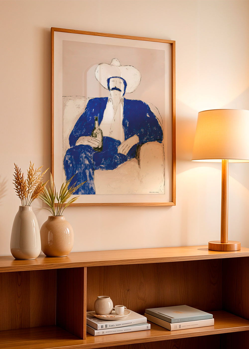 Illustration af siddende blå cowboy