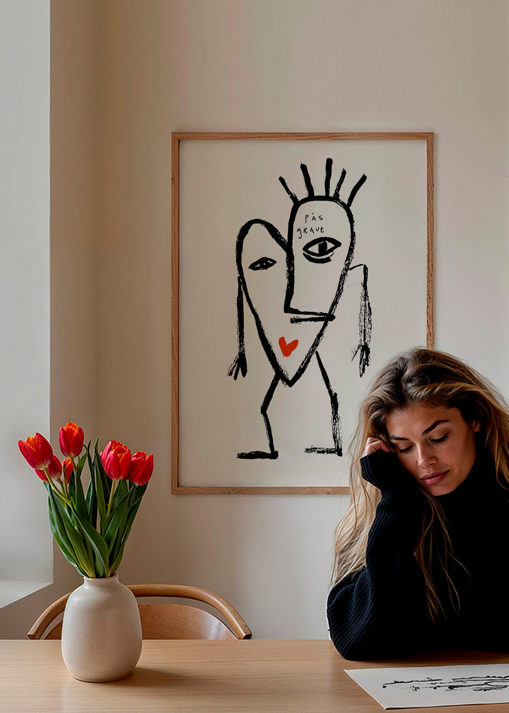 Abstrakt kunst lineært ansigt med rødt hjerte
