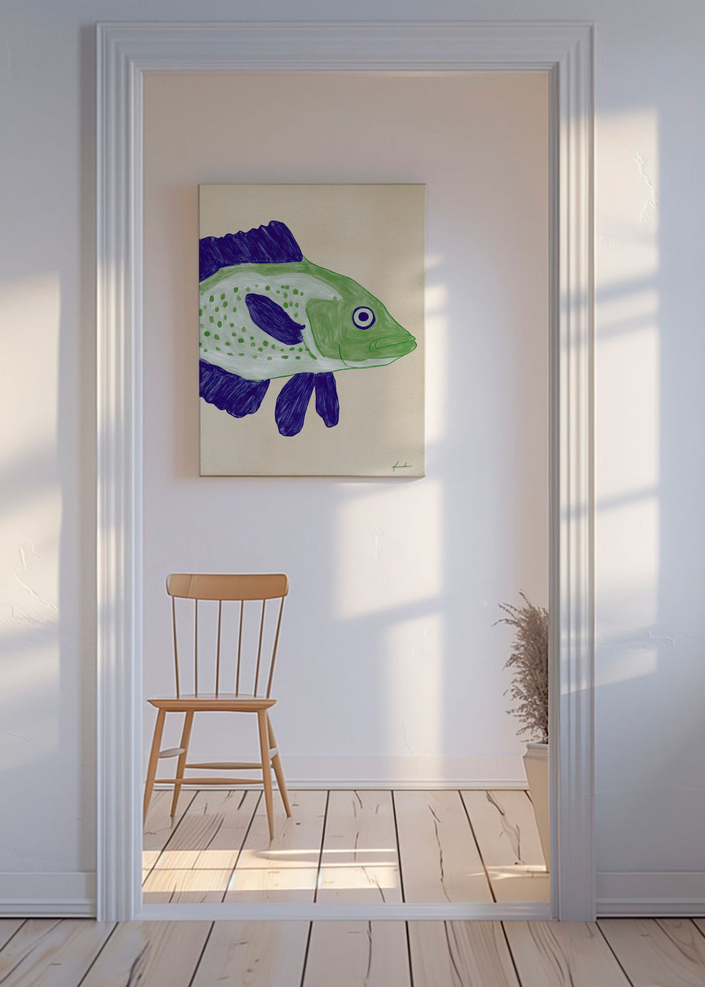 Fisk illustration grøn krop med blå streger