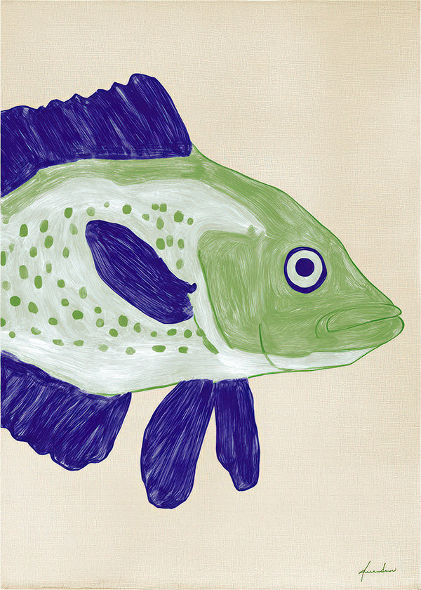 Fisk illustration grøn krop med blå streger