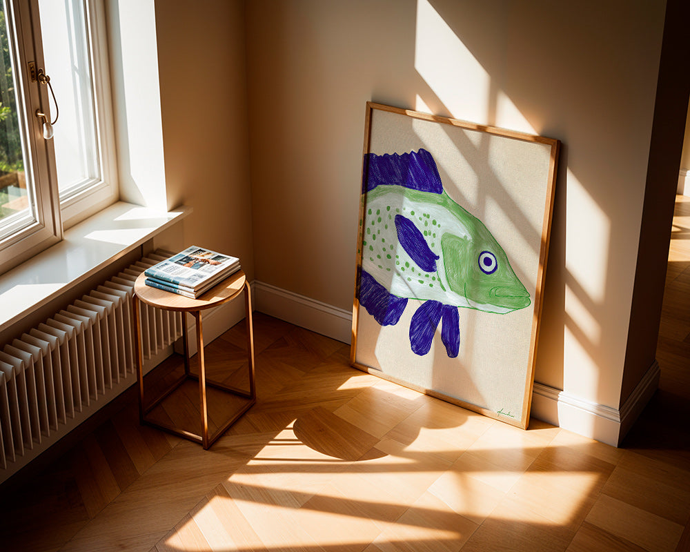 Fisk illustration grøn krop med blå streger